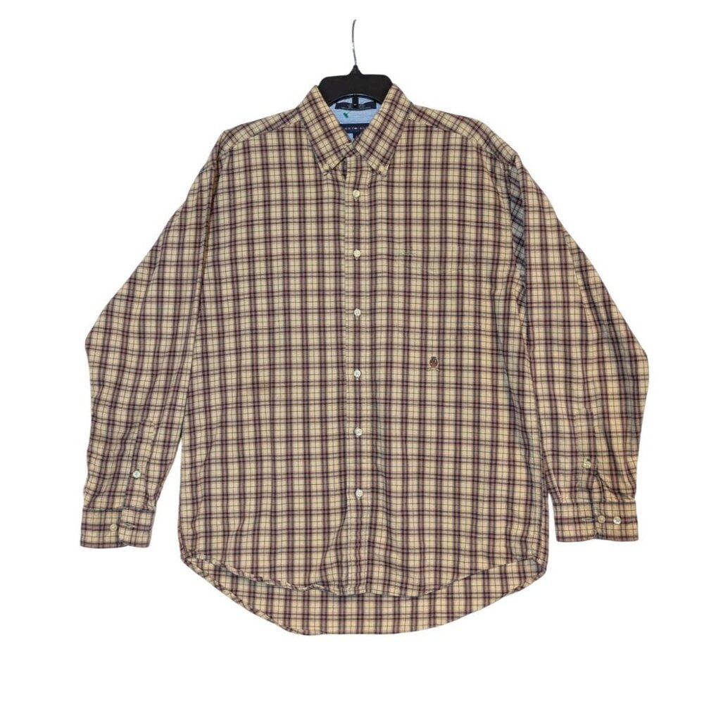 Tommy Hilfiger Mens Button-Up Plaid Shirt L Beige & Red Classic Fit